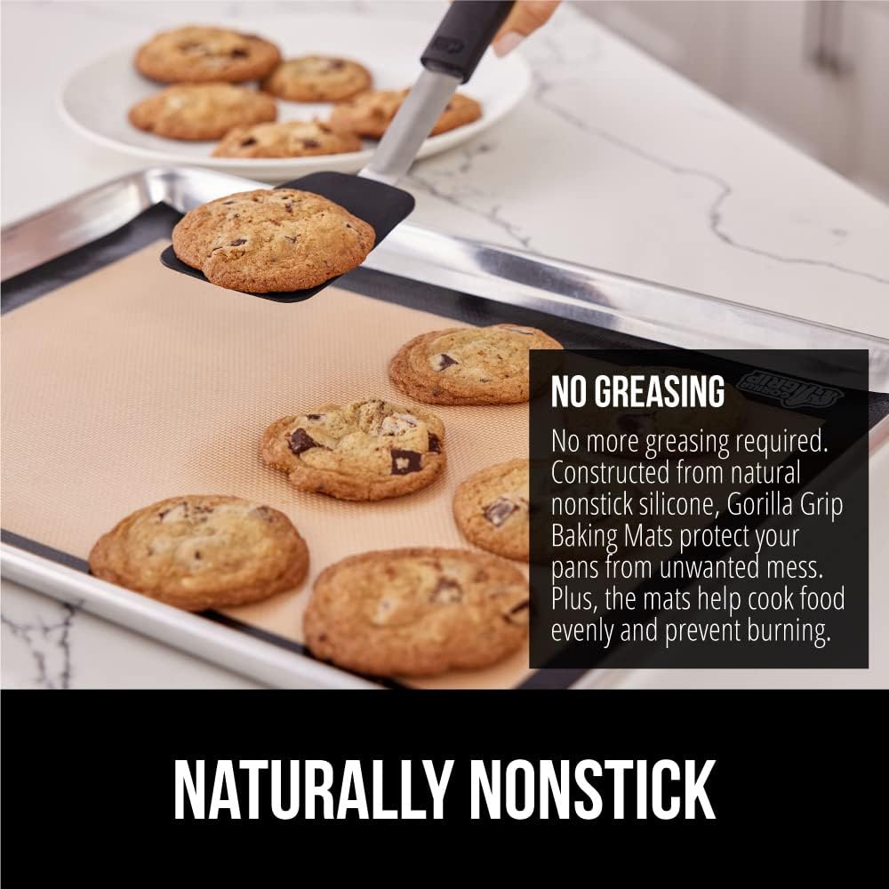 GORILLA GRIP Reusable Nonstick Silicone Baking Mat, 2 Pack, BPA-Free Oven Safe Food Liner, For Cookie Sheets, Toaster Ovens, Easy Clean Kitchen Pastry Mats, 11.75x8.25, Small Quarter Sheet Size, Black