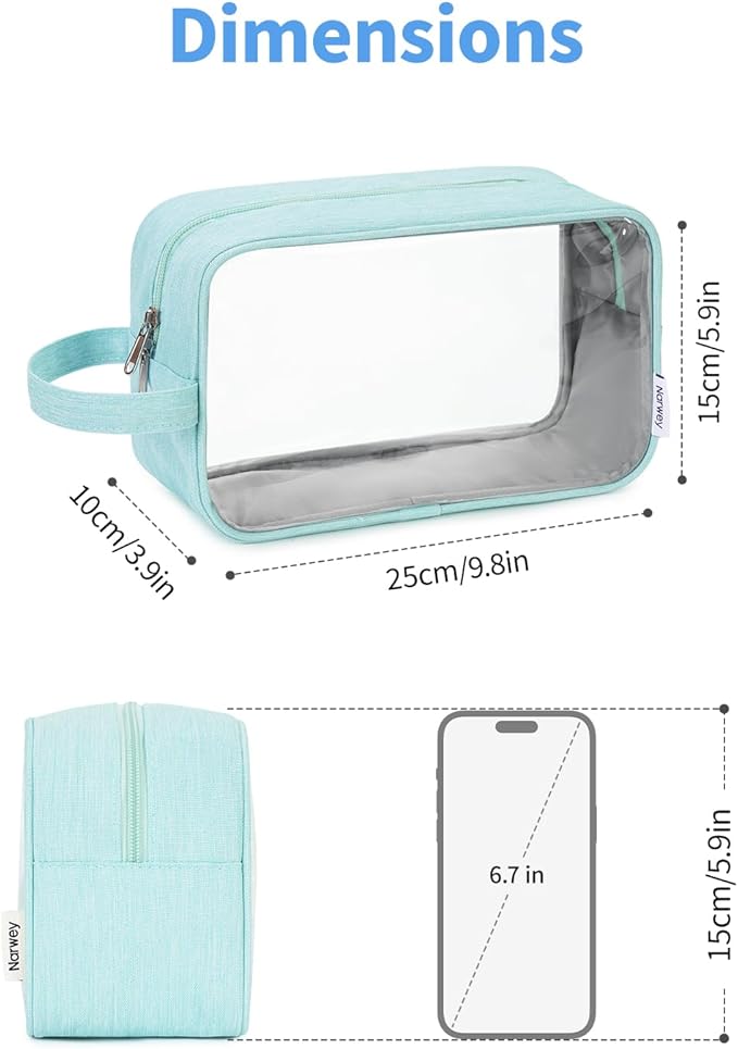 Narwey Clear Travel Toiletry Bags for Traveling Toiletries Men Women, Clear Makeup Bag Cosmetic Bag with Zipper, Make Up Pouch Organizer Bags with Handle, Skincare Bag (Mint Green)
