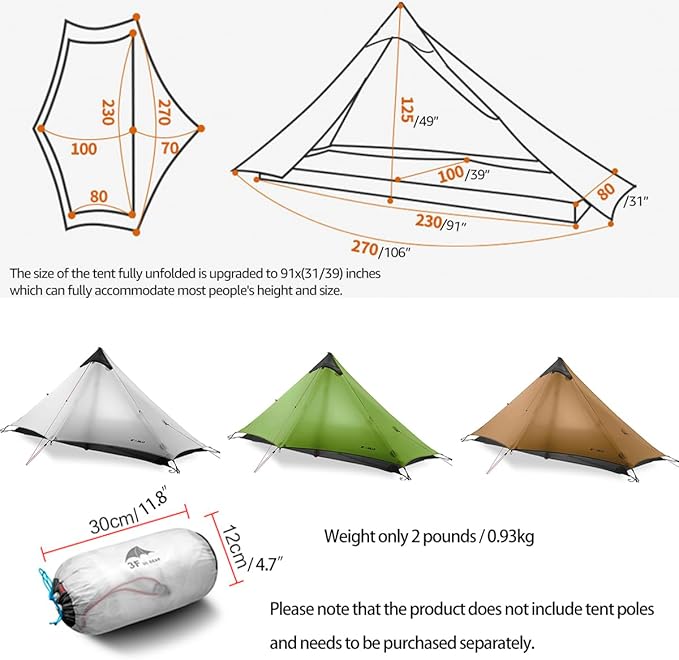 3F UL Gear Lanshan1 Ultralight Tent 3/4 Season Portable Backpacking Tent for 1-Person 15D Silicon Coated Waterproof Poleless Double Layer Tent for Camping, Climbing, Hiking