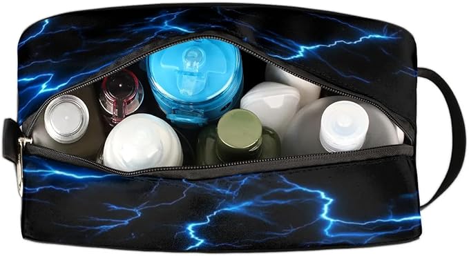 Blue Lightning Bolt Hanging Toiletry Bag,Travel Hygiene Kits for Boys Mens,Waterproof Makeup Carry-on Bags,Cosmetic Bag,TSA Approved Shave Dopp Kit for Toiletries Shower Bathroom Accessories Gifts