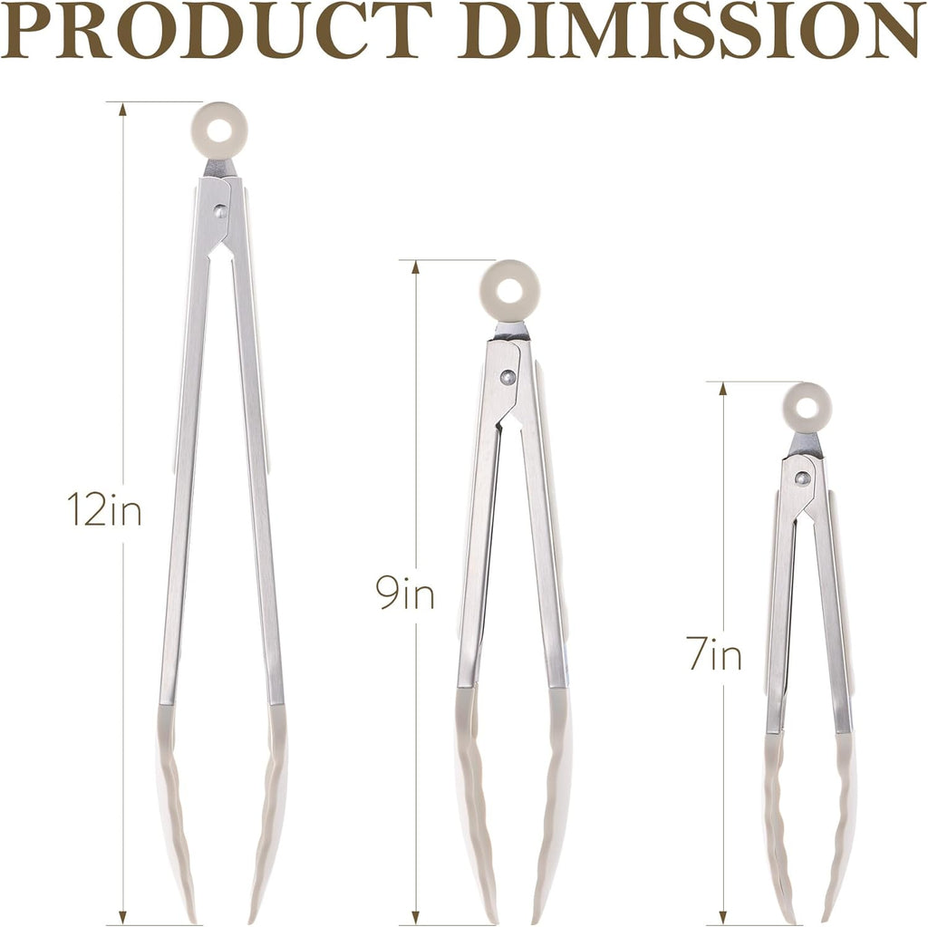 CAROTE Tongs for Cooking 428ºF Heat Resistant Locking Stainless Steel Kitchen Tongs with Non Scratch Silicone Tips, Perfect for Nonstick Cookware, BBQ Tongs Set of 3 (7"+9"+12")