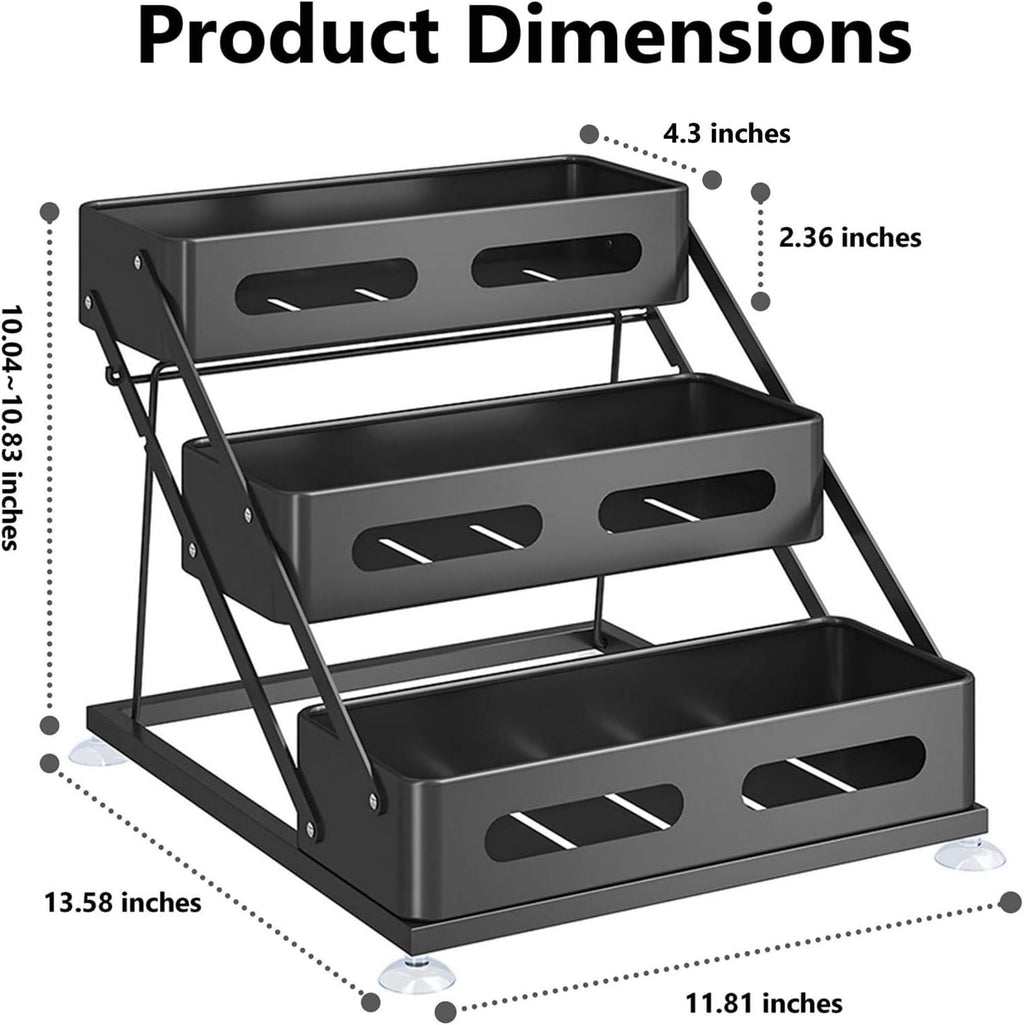 3 Tier Foldable Spice Rack for Countertop Iron Kitchen Seasoning Organizer for Cabinet, Black