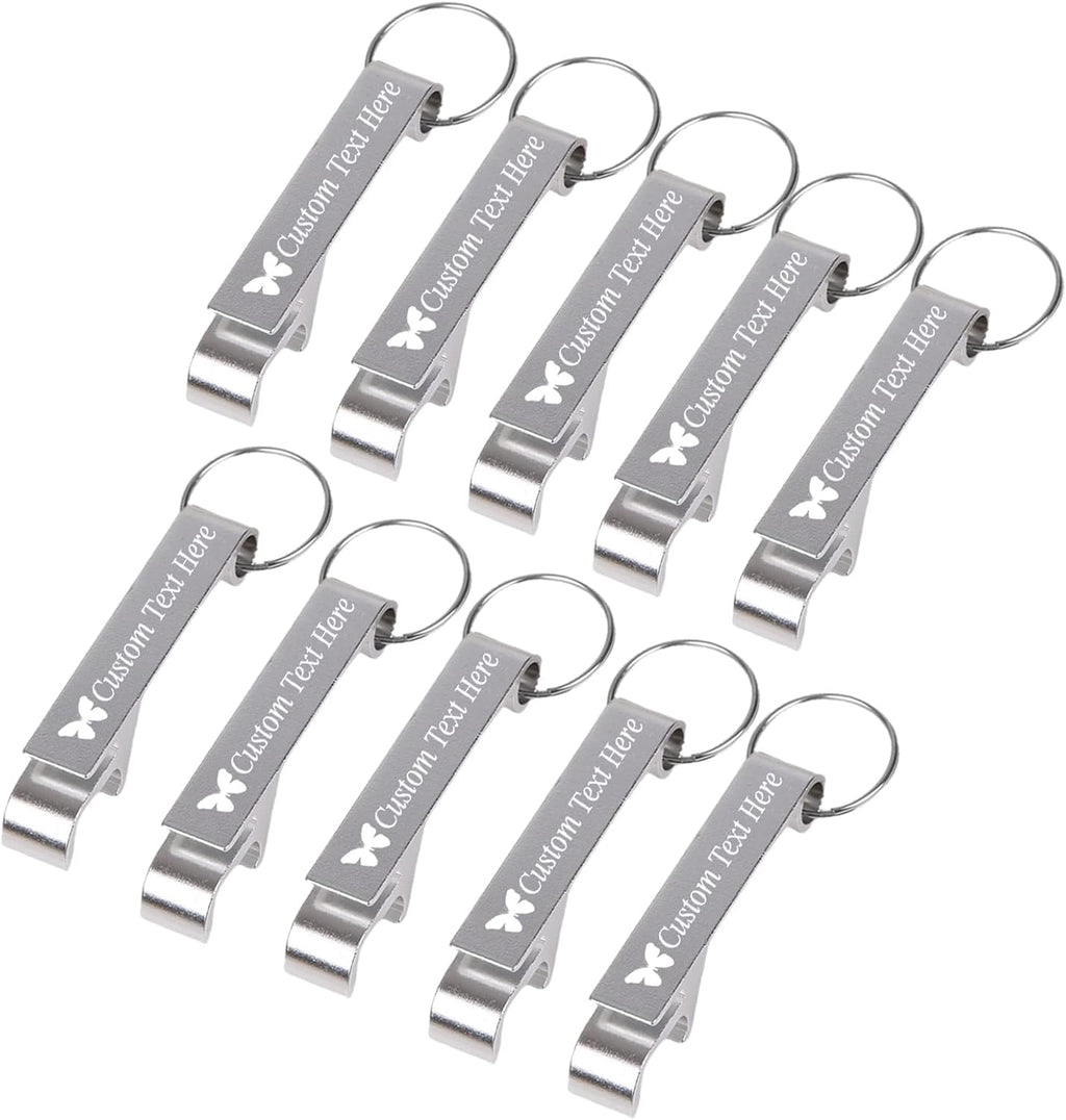 10PCS Personalized Bottle Opener Keychain Bulk Custom Beer Bottle Opener with Logo Text Engraved Wedding Bottle Opener Favors Customized Gifts for Guests Baby Shower Birthday Party-Silver
