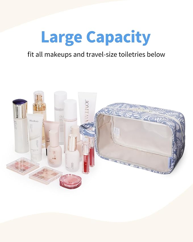 Narwey Clear Makeup Bag Cosmetic Bag with Zipper for Travel, Clear Toiletry Bags for Traveling Toiletries Women Men, Make Up Pouch with Handle, Skincare Bag (Blue Leaf)