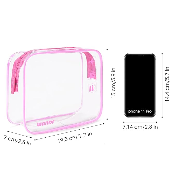 TSA Approved Clear Travel Toiletry Bag wih Zippers Carry-on Travel Accessories Quart Size Toiletries Cosmetic Pouch Makeup Bags for Men and Women (2pcs Pink)