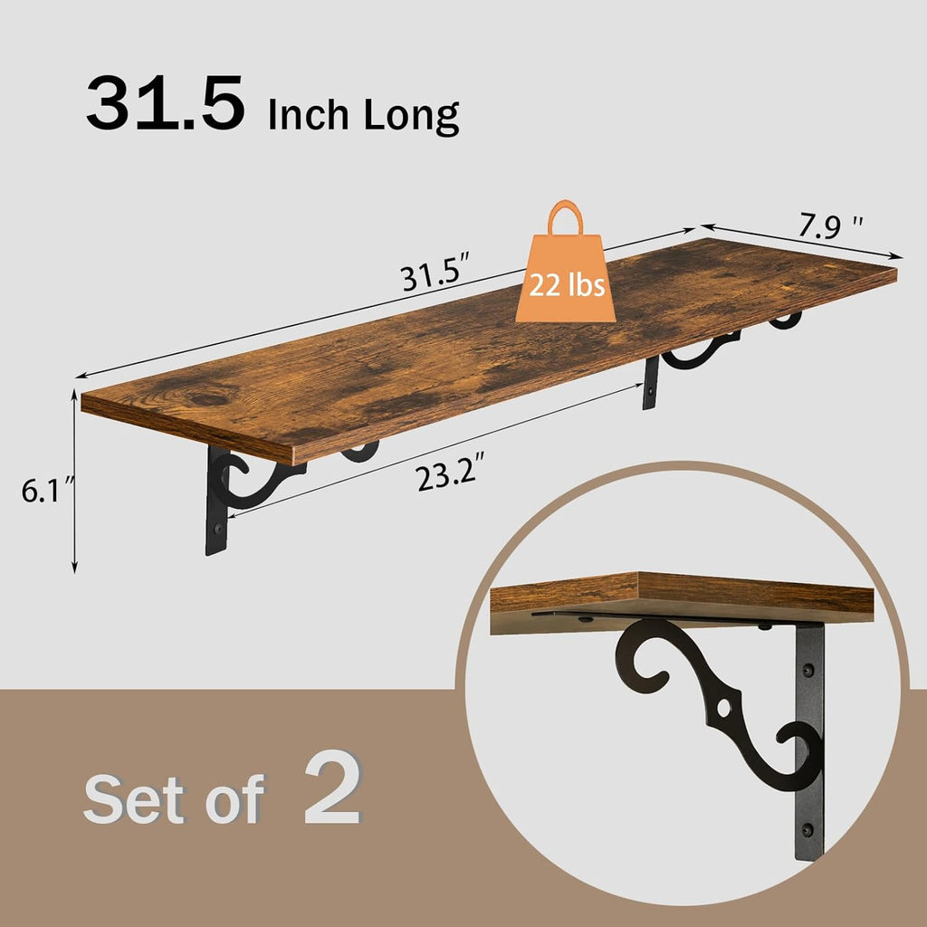 DINZI LVJ Long Wall Shelves, 31.5 Inch Large Floating Shelves Set of 2, Wide Display Shelf Wall Mounted with Brackets, Easy Hanging for Living Room, Toilet, Office, Bedroom, Rustic Brown