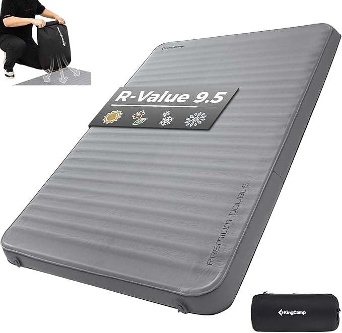 KingCamp Double Sleeping Pad, 2 Person Queen R 7.9 Self Inflating Sleeping Pad, 3" Ultra Thick Full Size Foam Mattress Mat with Pump Sack for Camping Outdoor Tent Car, PVC Free (Grey)