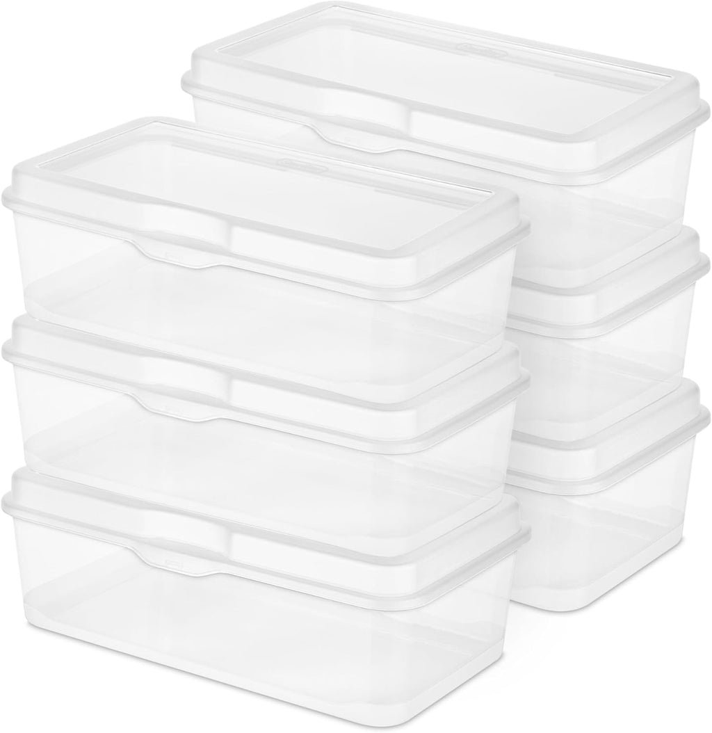 Sterilite 6-Pack Rectangular Large FlipTop, Clear Plastic Storage Box with Hinged Lid - Stackable Multipurpose Organizer for Art and Craft Supplies, Accessories, Photos & CDs, Home or Office Use