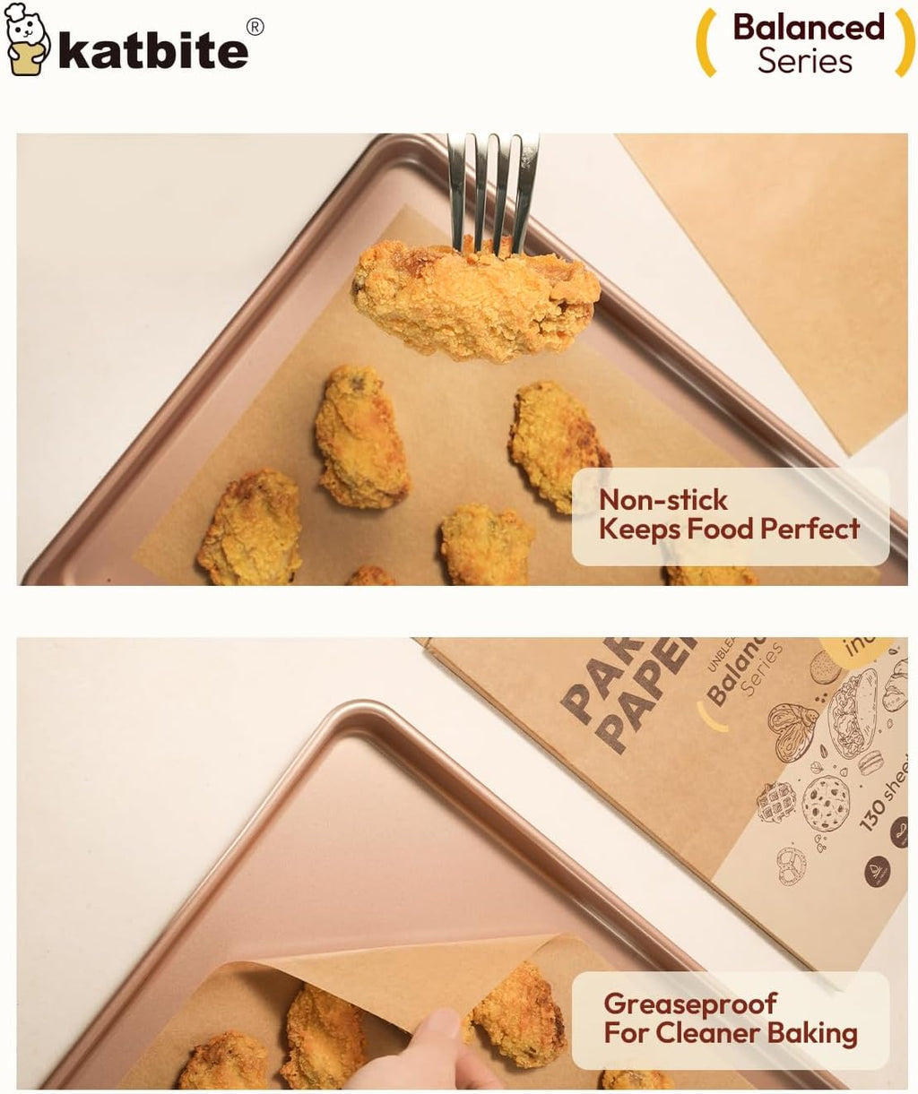 Katbite 130 Pcs Parchment Paper Sheets, 9x13 Inches Unbleached Baking Paper Non-Stick for Gently Baking, Pre-cut Parchment Paper Suitable for Baking, Cooking,Air Fryer [Balanced Series]