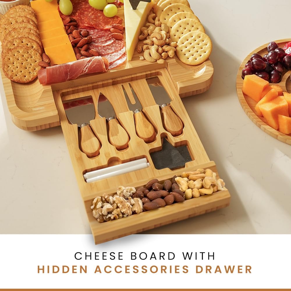 Leaf and Grain Charcuterie Board Set - Premium Bamboo Cheese Board – Perfect Charcuterie Boards Accessories for Bridal Shower Gifts, Wedding Gifts & Housewarming – Elegant Cheese Platter (Natural)