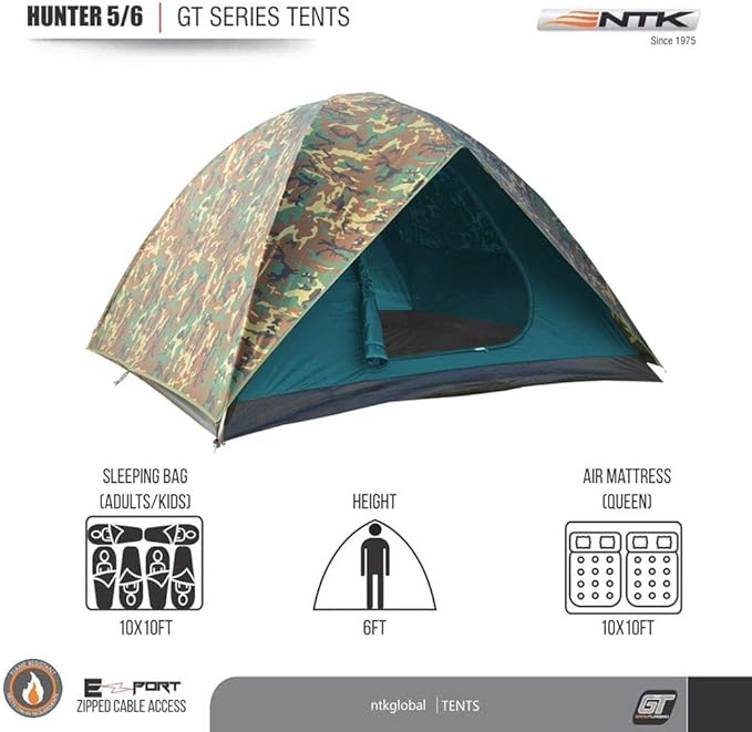 NTK Hunter GT 4/6/8 Outdoor Dome Woodland Camo Camping Tent 100% Waterproof 2500mm, Easy Assembly, Durable Fabric Full Coverage Rainfly - Micro Mosquito Mesh