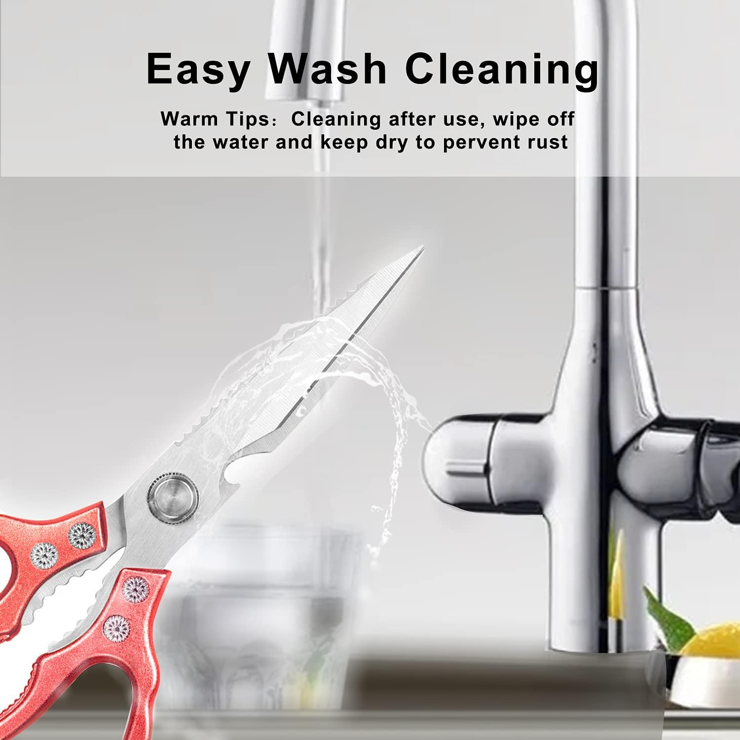 Heavy Duty Sharp Kitchen Scissors, Dishwasher Safe, Cooking Shears for Meat, Chicken, Fish, Poultry, Herb, Bread (Red)