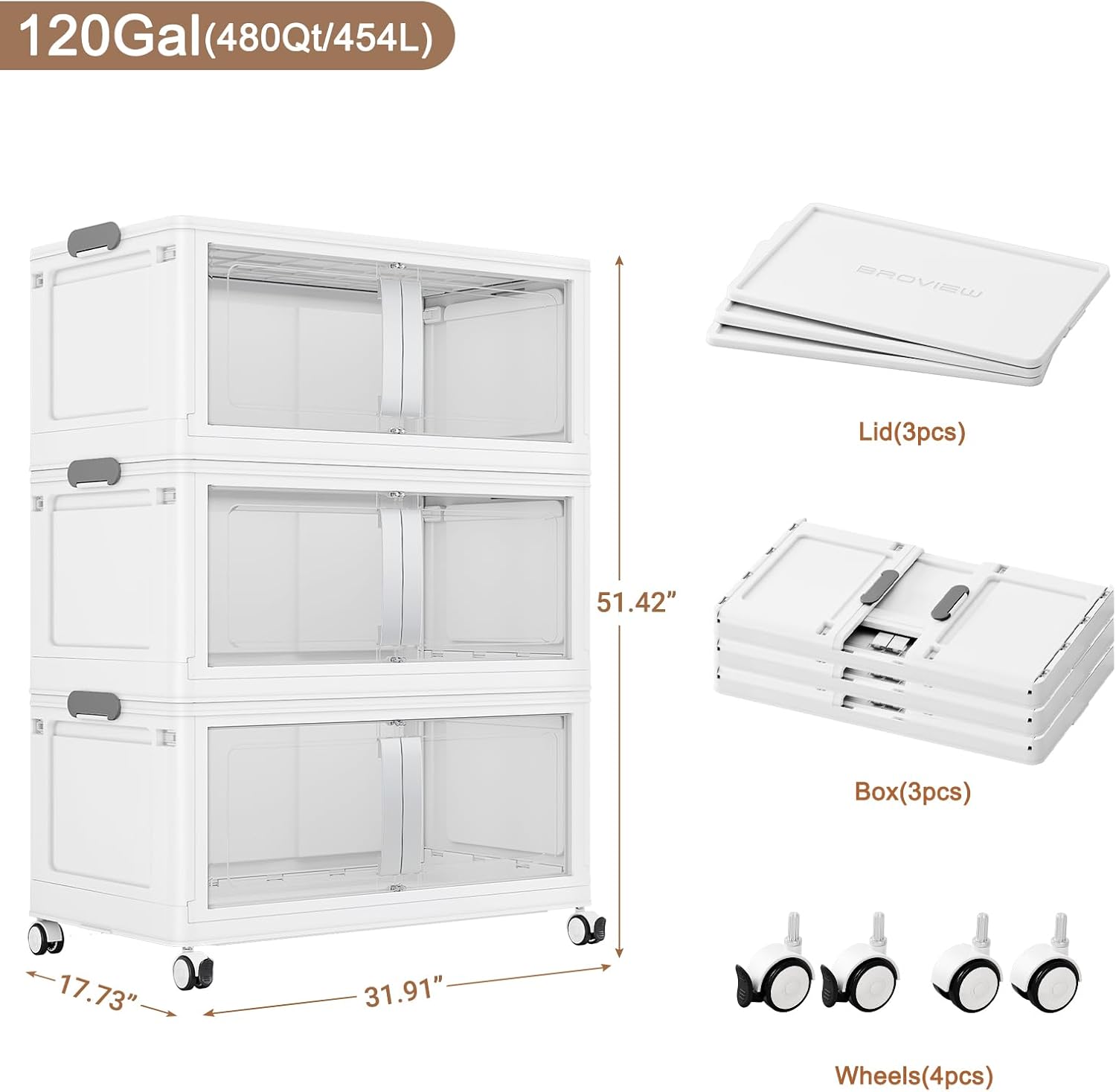 480QT Stackable Storage Bins with Lids, 120Gal Extra Large Collapsible Storage Box with Wheel, Plastic Storages with Clear Door Open Front for Home Bedroom Garage, White-3pack(3 lids)