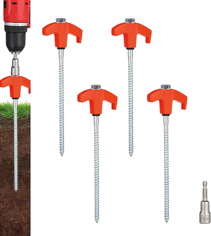 4 Pack Screw in Tent Stakes Heavy Duty,8 Inch Ground Anchors Screw in,Metal Stakes with Hex Head Driver,Camping Accessories.(Orange)