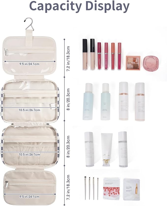 Narwey Hanging Toiletry Bag for Women Travel Makeup Bag Organizer Toiletries Bag for Travel Size Essentials Accessories Cosmetics (Grayish Blue Checkerboard (Medium))