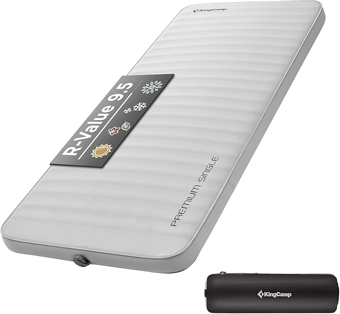KingCamp Sleeping Pad for Camping, Self Inflating R 9.5 Sleeping Pad for All Seasons, 3" Thick Camping Mattress Mat for Outdoor Tent Cot Car Backpacking, PVC Free (Lightgrey/Charcoal)