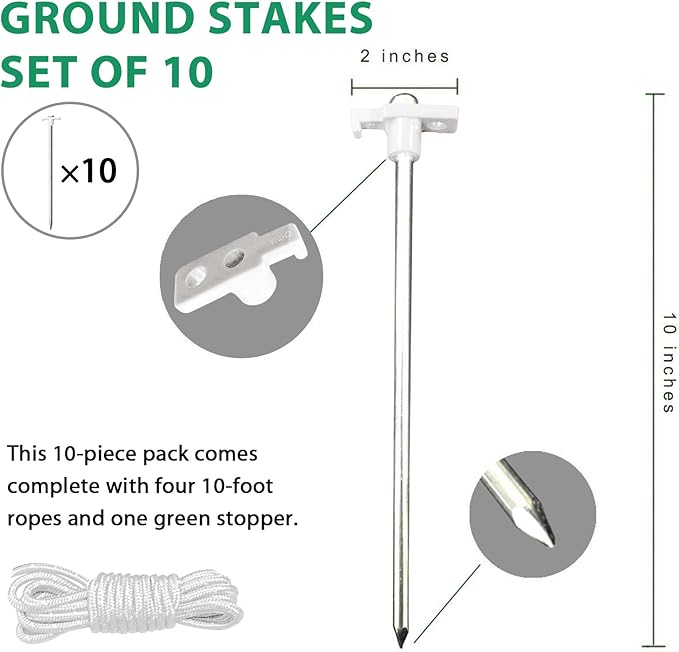 Eurmax USA Galvanized Non-Rust Camping Family Tent Pop Up Tent Stakes Canopy Anchors Heavy Duty 10pc-Pack, with 4x10ft Ropes & 1 White Stopper