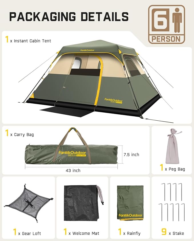 FanttikOutdoor Camping Tent 4/6/8/10 Person Instant Cabin Tent Setup in 60 Seconds with Rainfly & Windproof Portable with Carry Bag for Family Camping & Hiking, Upgraded Ventilation