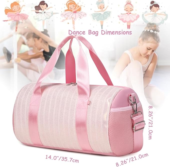 Dance Bag for Girls Dancers Ballet Bag Shiny Glitter Sports Gym Duffle for Little Girls Ballerina Duffel with Shoulder Strap and Furball Keychain