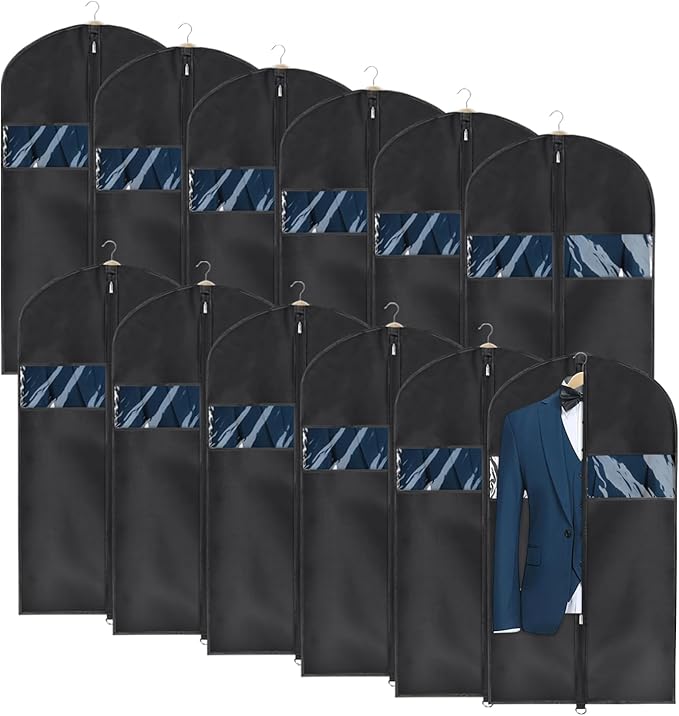 Univivi Garment Bag Suit Bag for Storage and Travel 43 inch, Washable Suit Cover for T-Shirt, Jacket, Suits, Coats, Set of 12, Oxford Fabrics