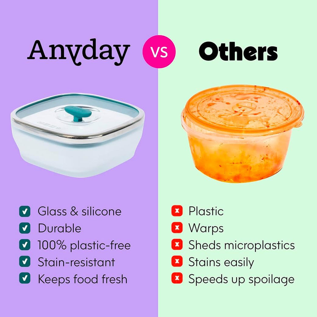 Anyday 5.5-Cup Square Glass Food Storage with Glass Lid | Plastic-Free Meal Prep & Microwave Cookware | Stackable Airtight Storage Container with Vented Lid for Microwave-Safe Reheating