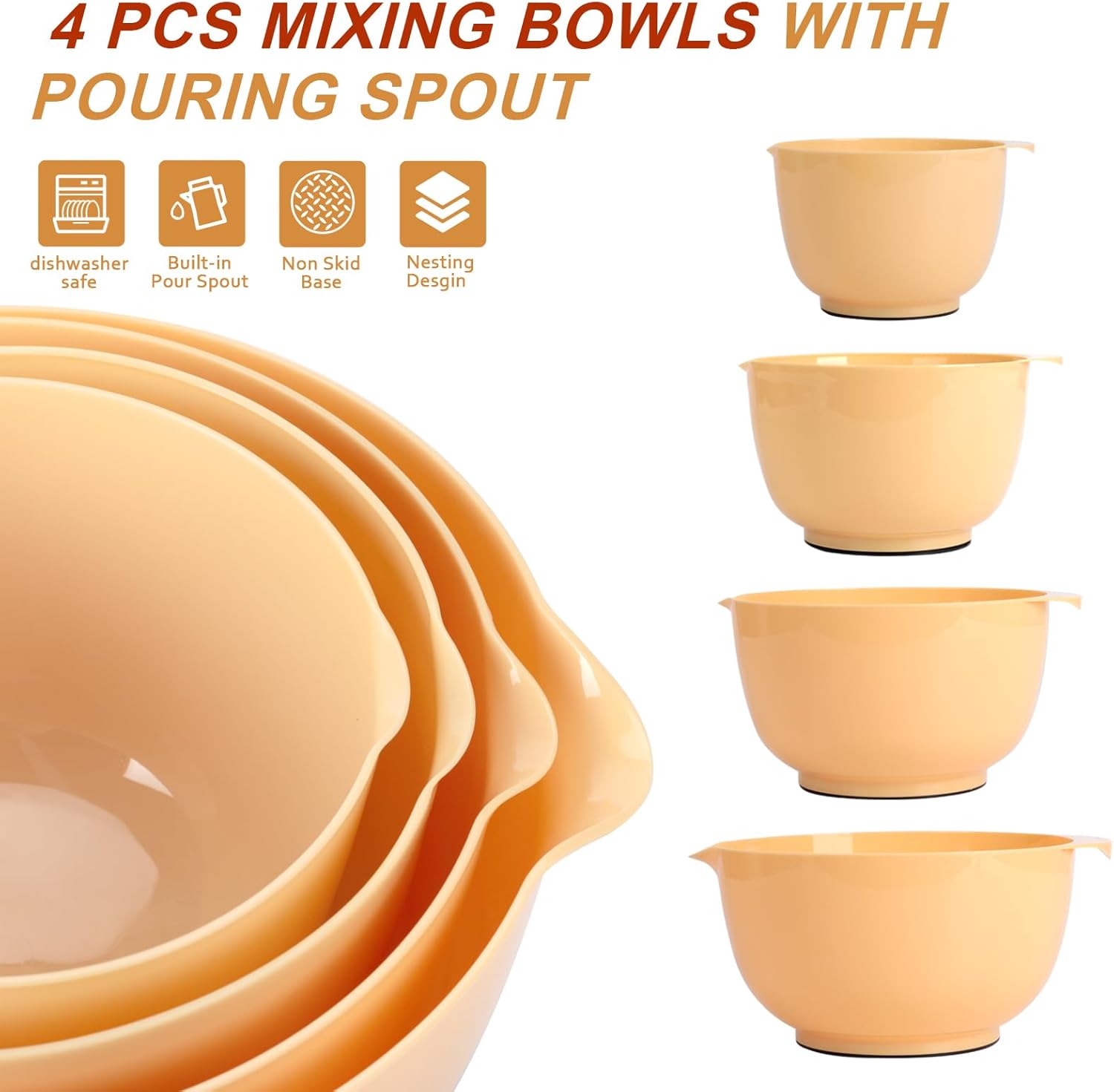 BoxedHome Nesting Plastic Mixing Bowl Set, 4 Piece Mixing Bowl Set with Pour Spouts, Size 1.7, 2.5, 3.5 and 4.5qt, for Prepping, Mixing, Baking, Cooking, Maize