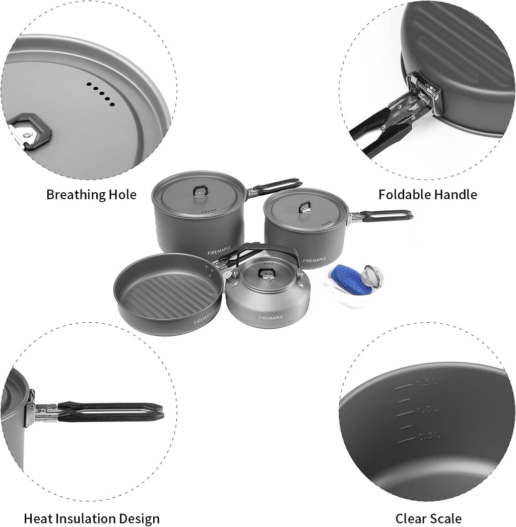 Fire-Maple Feast 4 Piece Camping Cookware Cookware Cookware Kit Outdoor Cookware Set with Pots, Kettle, Saucepans and Spatula for Hiking Fishing Picnic