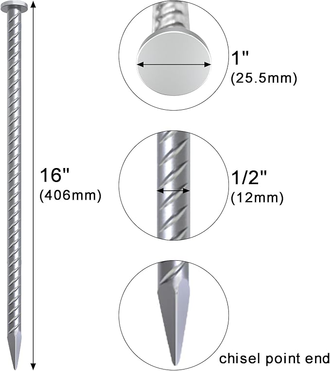 VVOKGO 16 Inch Rebar Stakes 1/2 Inch Diameter Galvanized Steel Ground Anchors Heavy Duty，Metal Asphalt Anchoring Spikes for Speed Bump, Handicap Threshold Ramps，Parking Limits Curb and Tent (12 Pack)