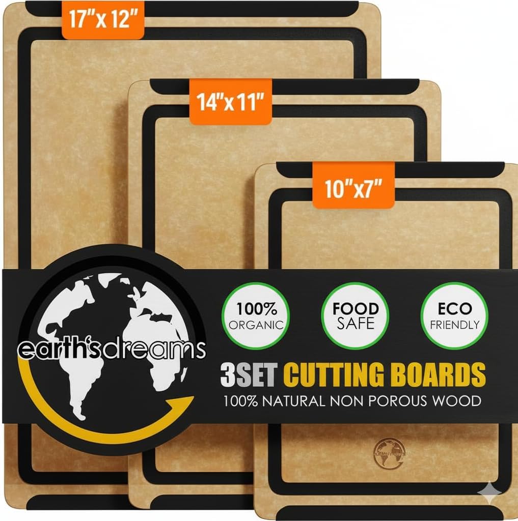 Earth’s Dreams Wood Cutting Board Set 3-Piece: Small, Large & Extra Large - Charcuterie Board, Non-Plastic, Non-Toxic, Heavy-Duty, Dishwasher Safe (Tan/Black)