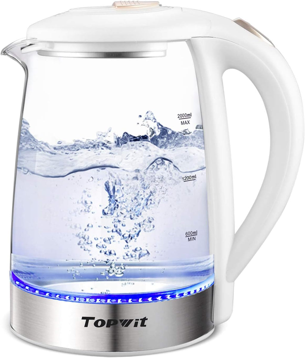 Topwit Electric Kettle Glass Electric Tea Kettle, 2L BPA-Free Hot Water kettle, Stainless Steel Inner Lid and Bottom Water Warmer, Fast Heating with Auto Shut-Off and Boil Dry Protection, White