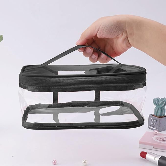 Black Transparent Cosmetic Bag Waterproof Handbag Portable Travel Work Make Up Kit Double Zipper Storage Bag, 2 PCS