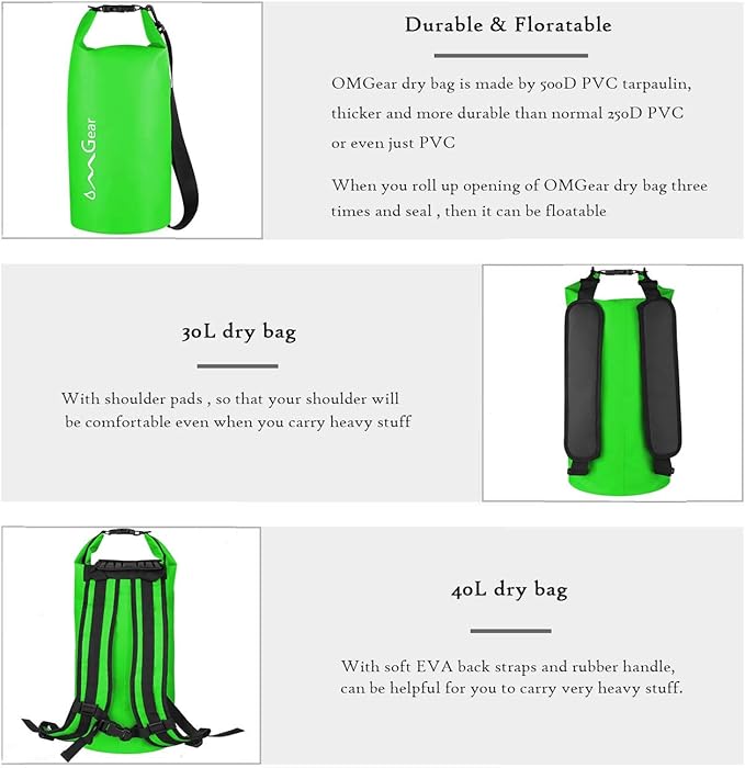 OMGear Waterproof Dry Bag Backpack Phone Pouch 40L/30L/20L/10L/5L Floating Dry Sack for Kayaking Boating Outdoors Activities