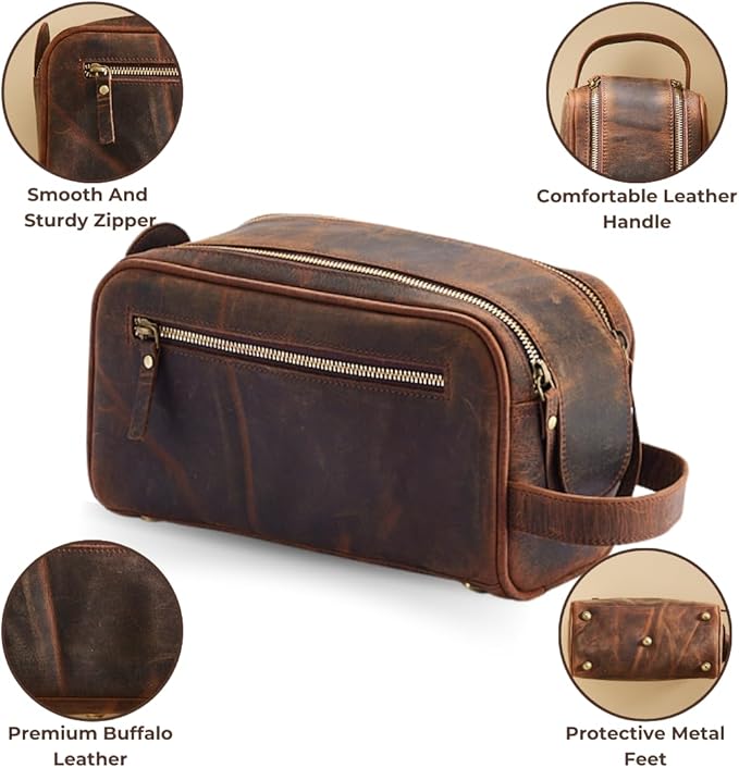 King Size Premium Leather Travel Toiletry Bag for Men and Women - Water-Resistant Dopp Kit - Mens Bathroom Bag, Shaving & Cosmetic Organizer - Toiletry Bag, Travel Bag Leather, Unisex Use