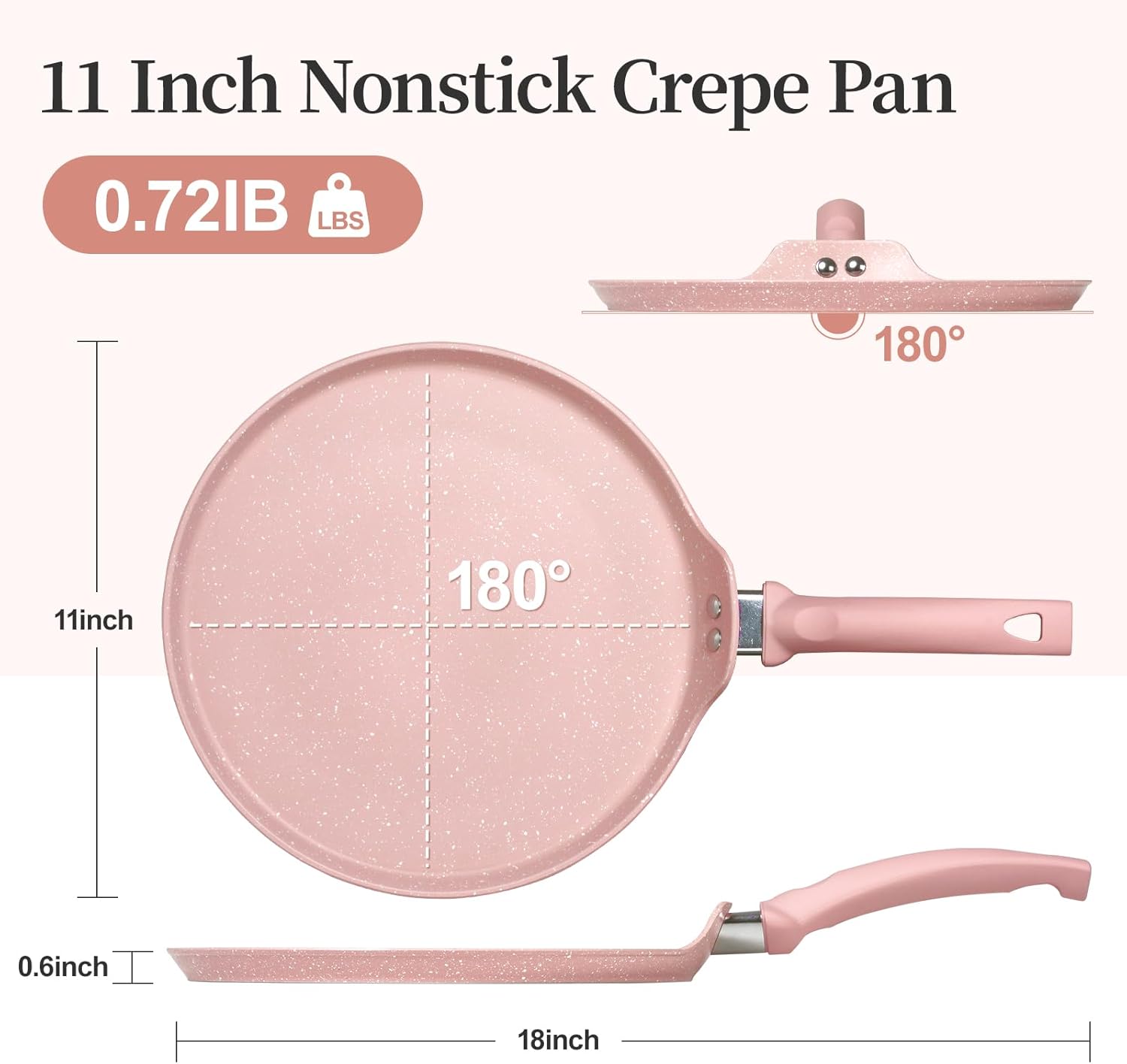 11 inch Nonstick Crepe Pan, Granite Coating Flat Skillet Dosa Tawa Tortilla Pan, Pink Large Pancake Griddle Comal Pan, Compatible with All Stovetops, PFOA Free