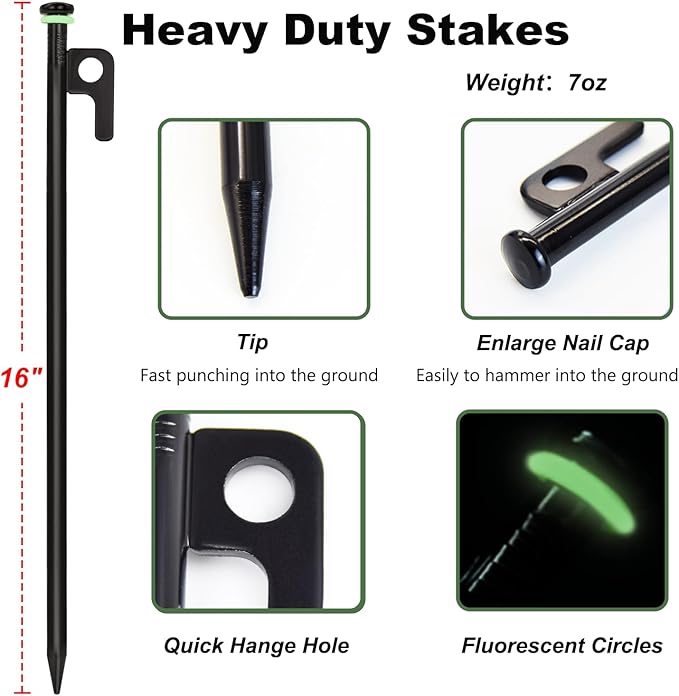 10Pcs Tent Stakes, 16in Heavy Duty Tent Stakes with Storage Pouch, Forged Steel Tent Sakes Metal, Metal Stakes for Tent Used on Grassland, Snowfield, Dessert(10Pcs, 16in, Diameter 3/8")