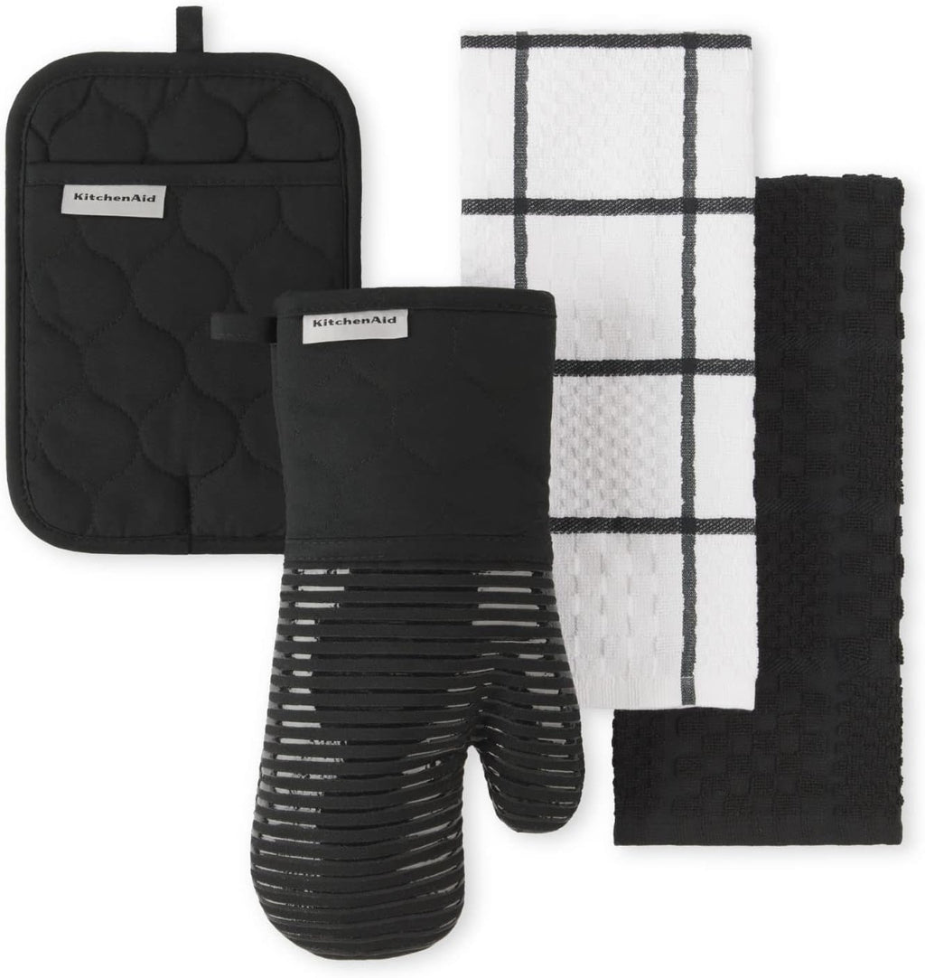 KitchenAid Quilted Cotton Terry Cloth Oven Mitt, Pot Holder Heat Resistant, 16"x26", 7"x13" & 7"x10", Matte Black