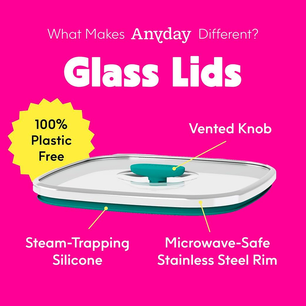 Anyday 5.5-Cup Square Glass Food Storage with Glass Lid | Plastic-Free Meal Prep & Microwave Cookware | Stackable Airtight Storage Container with Vented Lid for Microwave-Safe Reheating