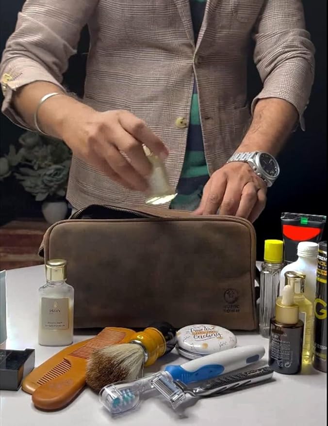 RUSTIC TOWN Full Grain Leather Travel Toiletry Bag - Dopp Kit Organizer (Dark Brown)