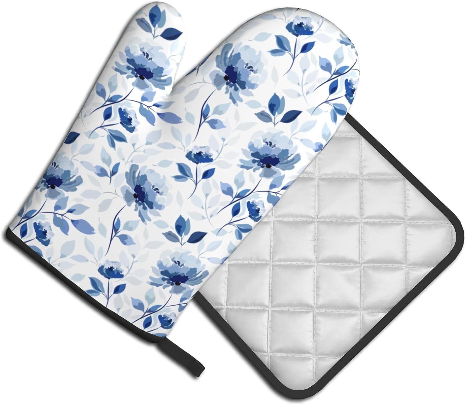 Blue Floral Oven Mitts Pot Holders Set of 2 Watercolor Leaves Heat Resistant Kitchen Mittens Potholders for Chef Baking Cooking Grilling
