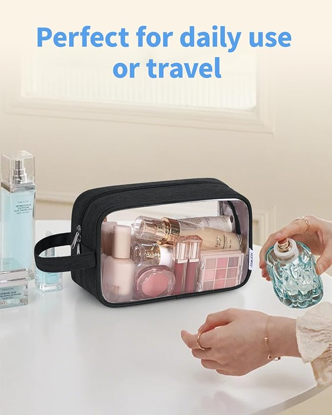 Narwey Clear Travel Toiletry Bags for Traveling Toiletries Men Women, Clear Makeup Bag Cosmetic Bag with Zipper, Make Up Pouch Organizer Bags with Handle, Skincare Bag (Black)