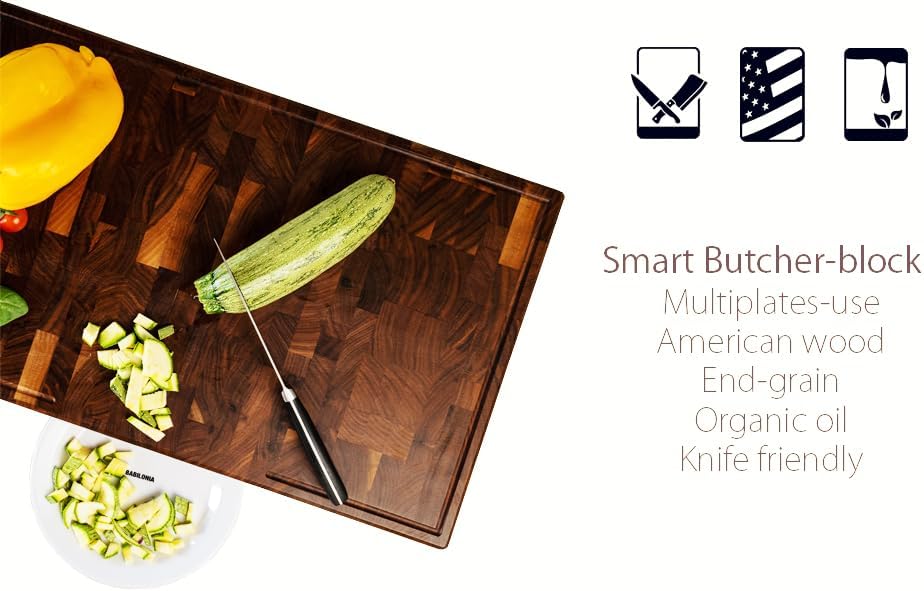 XXL American Black Walnut Cutting Board (ExtraThick 1.7"), Premium Quality & Professional Butcher Block. Heavy Duty End Grain Wood Chopping Board 24"L x 15"W (Oil bottle & Plate included)