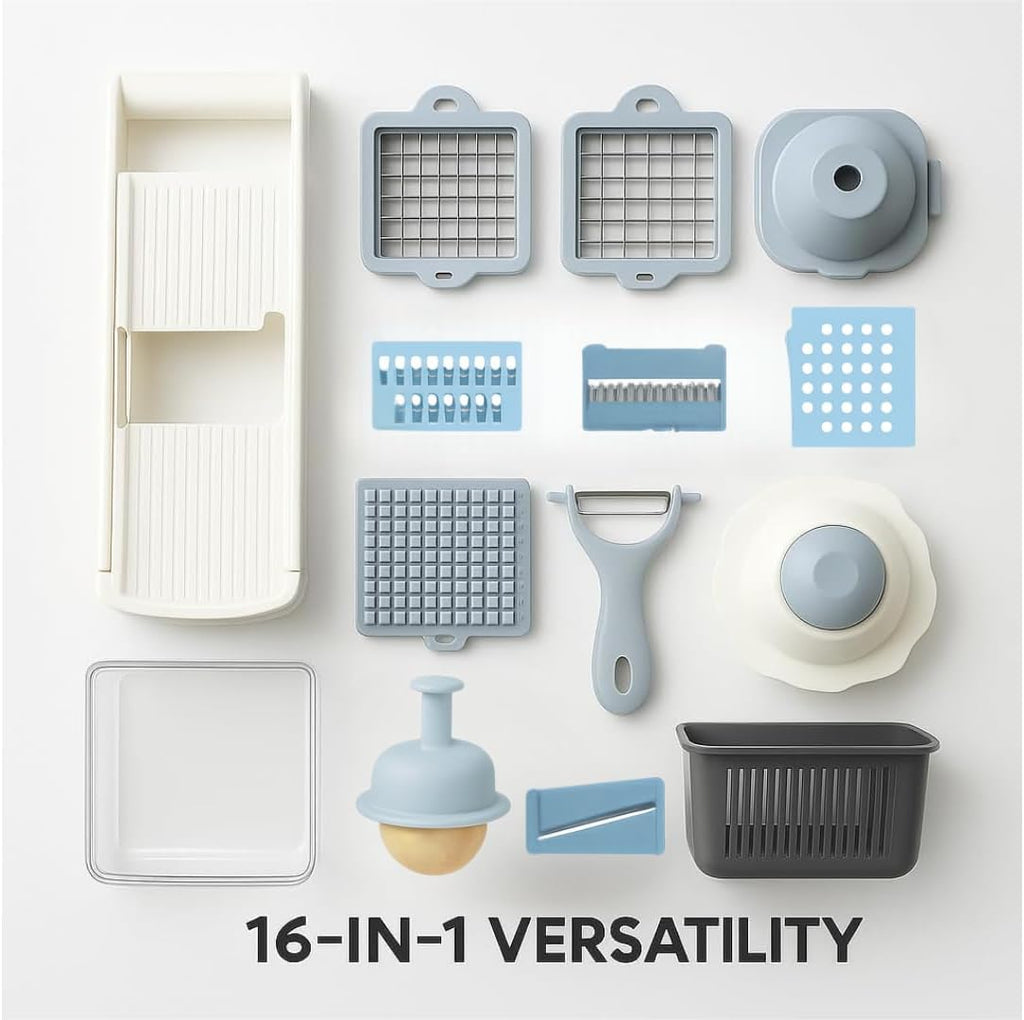 16-in-1 Vegetable Chopper, Mandoline Slicer and Food Processor - Kitchen Essentials for Effortless Food Prep - Includes Salad Spinner, Cheese Grater, Onion Chopper, French Fry Cutter, and More