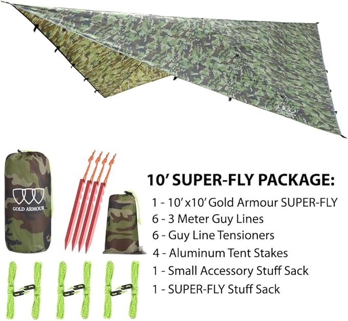 Gold Armour Rainfly Tarp Hammock, Premium 14.7ft/12ft/10ft/8ft Rain Fly Cover, Waterproof Ultralight Camping Shelter Canopy, Survival Equipment Gear Tent Accessories (Camouflage 10ft x 10ft)