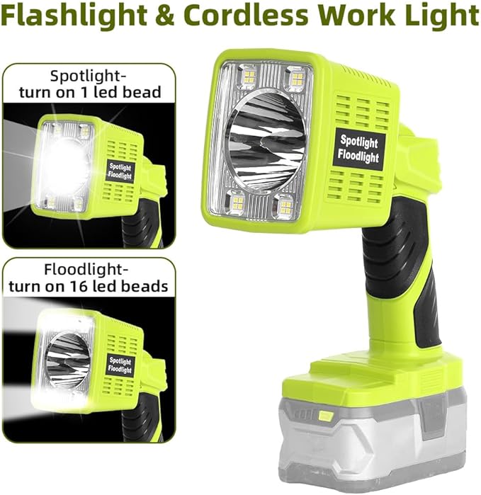 1600LM LED Flashlight for Ryobi 18v Li-Ion Battery, 3 Brightnesses, Cordless Work Light for Emergency, Car Repairing, Camping and Job Site Lighting(Battery Not Included)