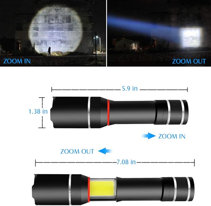 2 Pcs LED Flashlight 5000 Lux COB Lantern+ Flashlight in-1with Zoom LED Flashlight Lantern