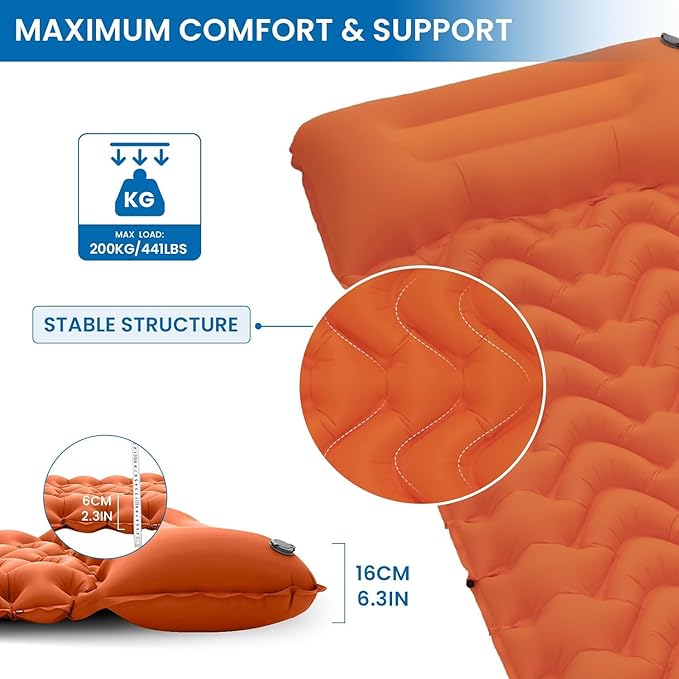 KingCamp Sleeping Pad for Camping, Inflatable Sleeping Pad Ultralight Connectable Camping Mattress with Pillow Built-in Foot Pump for Backpacking Hiking Tent Cot