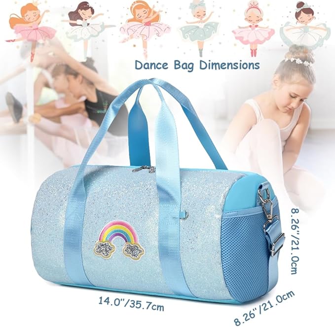 Dance Bag for Girls Rainbow Ballet Bag Shiny Glitter Ballerina Duffle Bag for Girls Crossbody Gym Duffle Bag with Waterproof Wet Pocket