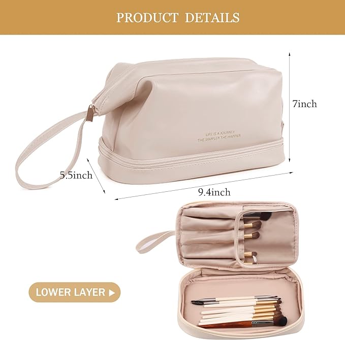 Abiudeng Large Capacity Makeup Bag Ladies Cosmetic Bag Travel Bag with Compartments Portable PU Leather Travel Makeup Bag with Handle