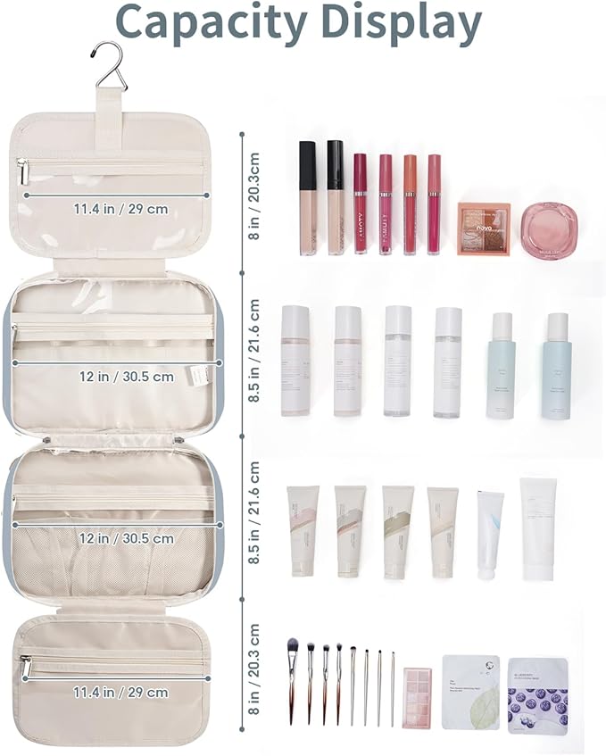 Travel Toiletry Bag for Women Large Hanging Makeup Bag Organizer Toiletries Bag for Full Size Essentials Accessories Cosmetics (Greyish Blue (Large))