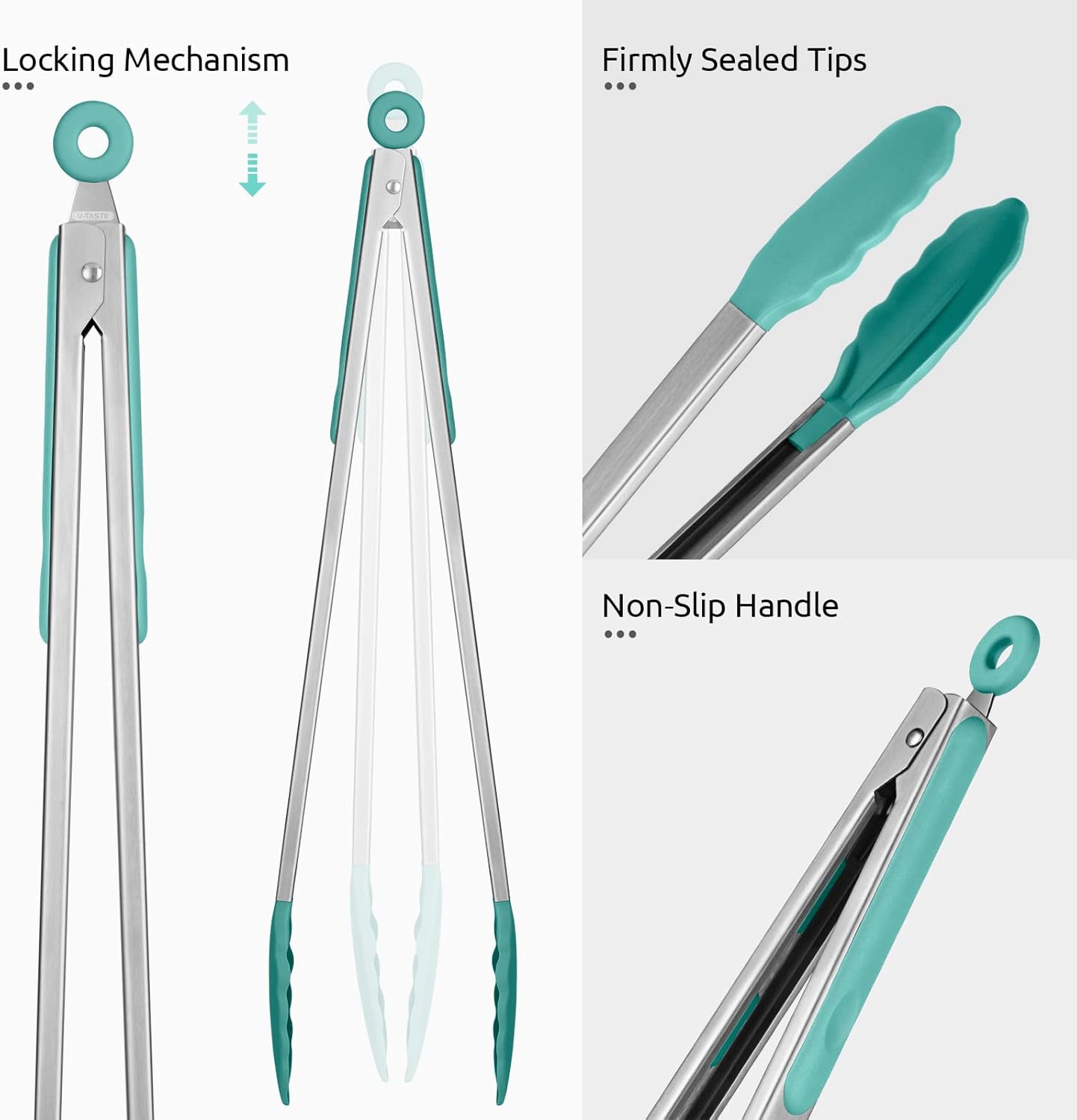 600ºF Heat Resistant Kitchen Tongs: U-Taste 16 in Extra Long Large Silicone Cooking Tong with Sturdy Non Stick Rubber Tips & Non Slip Silicon Coated 18/8 Stainless Steel Handle for Grill BBQ(Aqua Sky)